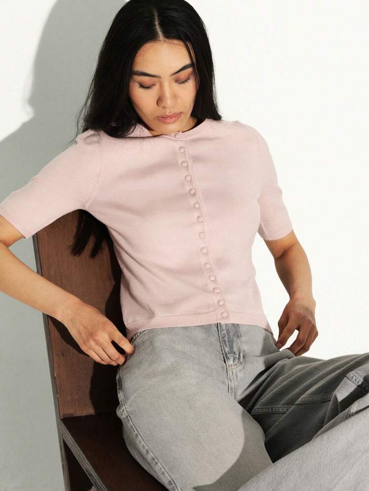 KSTM Women Button Front Short Sleeve Knit Cardigan With Round Neckline Spring Summer Lightweight Top