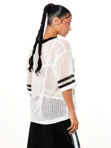 SUMWON WOMEN Oversized Mesh Knit V-Neck Top With Varsity Number Print And Striped Trim Details For Casual Sports Style Layering, World Cup 2026 Sporty Chic Game Day Football Blokecore Streetwear Jersey - Black and White - View 2