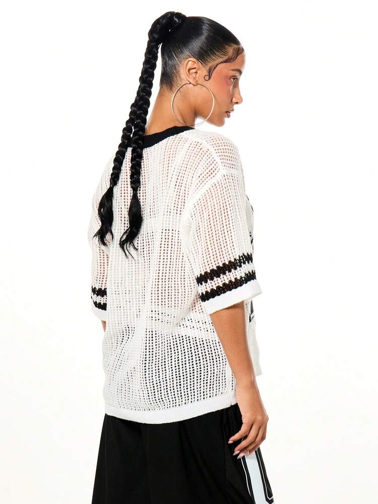 SUMWON Women's Oversized Mesh Knit V-Neck Top With Varsity Number Print And Striped Trim Details For Casual Sports Style Layering , World Cup