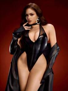 Body de cuero sintético y malla con escote en V profundo, diseño con cremallera frontal moldeadora, lencería de estilo oscuro y sexy de nicho - Negro - Ver 4