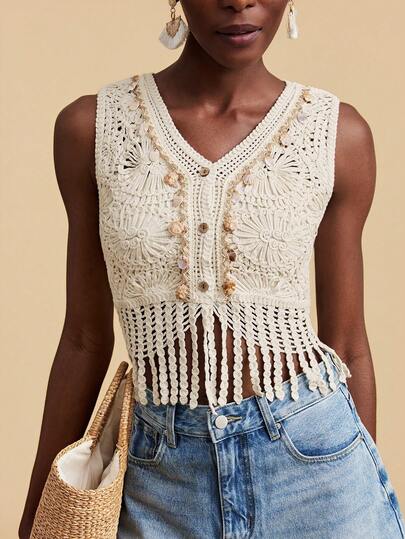 Travachic 女士度假休闲流苏下摆无袖针织上衣