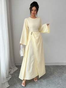 Elenzga Đầm dài tay màu vàng chất liệu vải dệt họa tiết, thanh lịch, eo đính kim loại, vạt xòe, kiểu dáng 2 trong 1 dành cho nữ, mùa xuân/hè. - Màu vàng - Xem 6