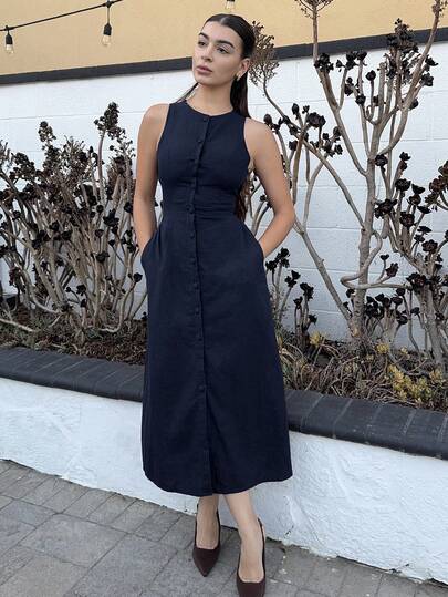 Andrea Bello Vacation Casual Solid Color Front Button Sleeveless Dress