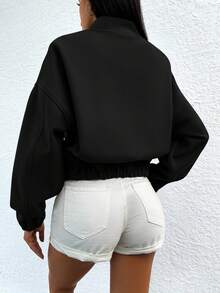 EURMUSE Women's Short Woolen Baseball Collar Jacket - Black - View 2