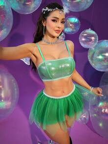 4pcs Set: Ribbed Metallic Camisole, Asymmetrical Mesh Skirt, Butterfly Fairy Wing Ladies Lingerie Costume - Green - View 6