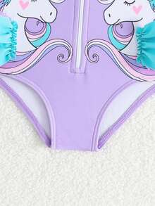 Mono de baño con cremallera y volantes con estampado de unicornio para bebé recién nacido - Morado - Ver 3