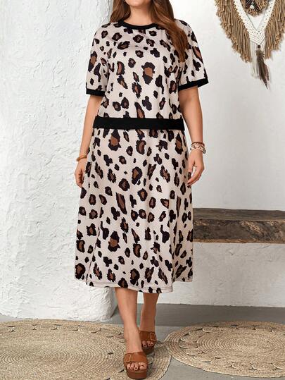 EMERY ROSE Damen Lässig Leoparden-Muster Kurzarm Top T-Shirt und Rock 2-teiliges Set, Frühling/Sommer, Große Größen