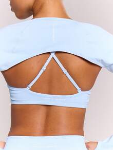 Musera Sport Áo bra thể thao nhún bèo phía trước kèm áo khoác ngoài, thích hợp cho hoạt động thể thao, tập luyện, tập gym, pilates, thể dục, mặc hàng ngày, màu thạch anh khói, mùa hè. - Màu xanh bụi bặm - Xem 2