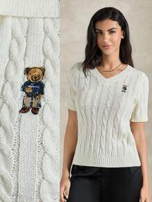 Briarwyn 2026 Nuevo Llegado Verano Mujer Casual Parte Superior de Punto con Bordado de Oso de Dibujos Animados y Retorcido Cable Cuello en V Manga Corta, Parte Superior de Punto Casual para Mujer, Parte Superior de Punto Blanca, Estilo Old Money, Verano, Vacaciones, Cloud Dancer, Retro 80s/Mujer Moderna Preppy Bordado de Oso Cable de Punto Cuello en V Manga Corta Parte Superior de Punto Casual - Blanco - Ver 7
