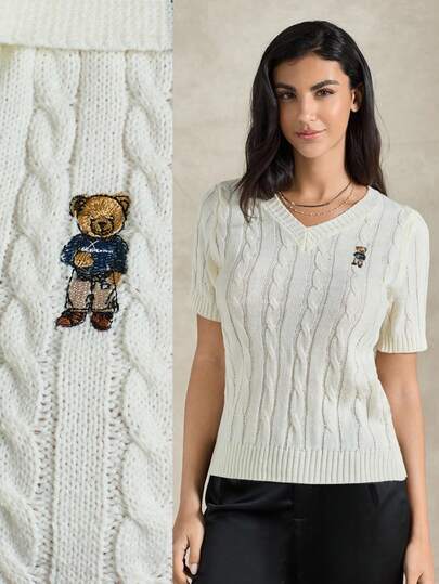 Briarwyn 女士休闲针织上衣，卡通熊刺绣，扭结麻花V领短袖