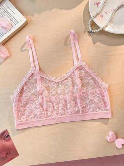1件粉色蕾丝花卉拼接性感吊带背心（女款）