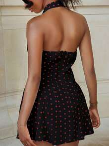 Mima John 女式性感波尔卡圆点印花露背挂脖迷你连衣裙，夏季 - 黑色 - 查看 2