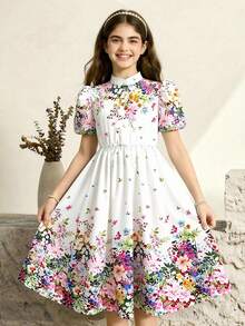 SHEIN 少女碎花泡泡袖休闲连衣裙 - 彩色 - 查看 1