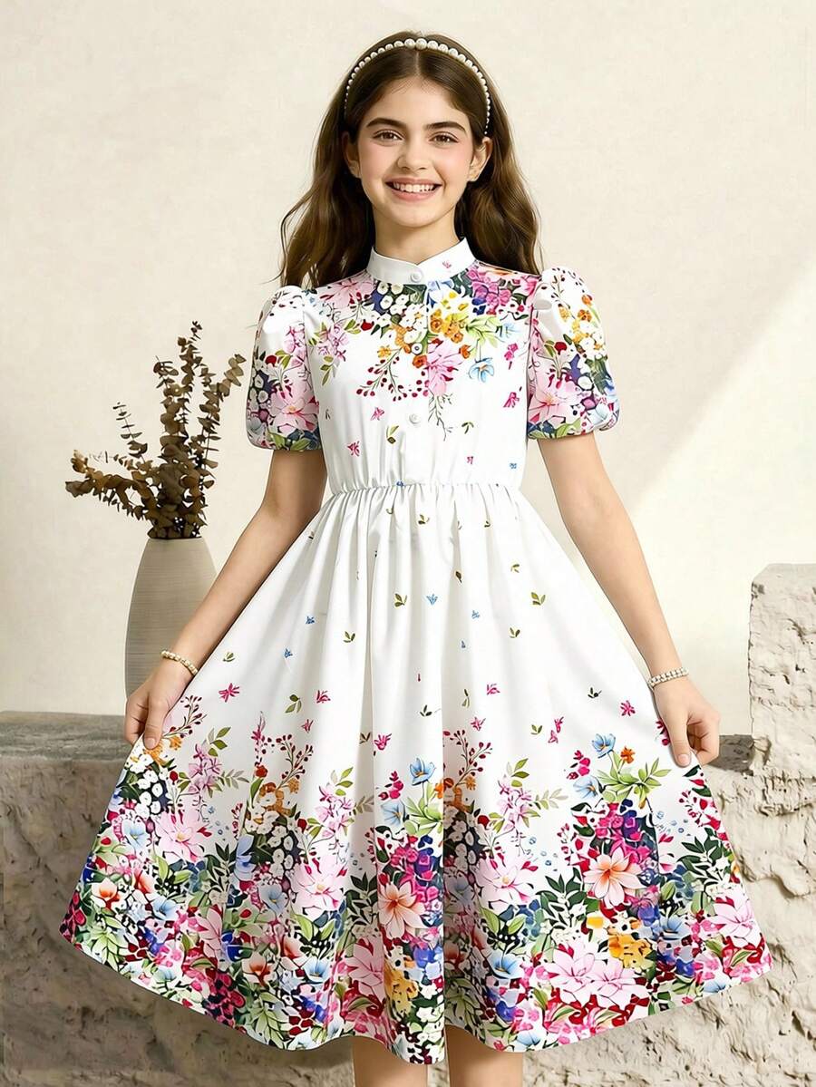 SHEIN 少女碎花泡泡袖休闲连衣裙 - 彩色 - 查看 1