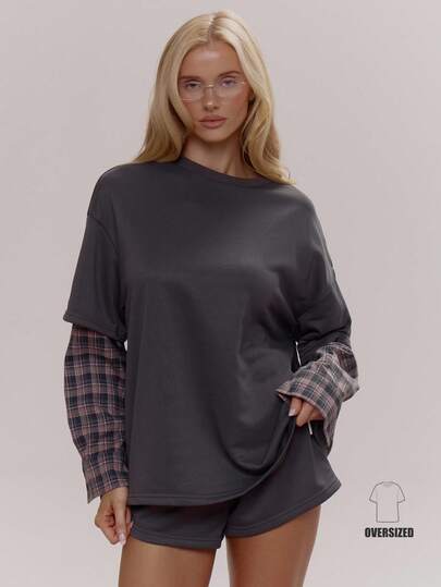 MUSERA 超大格纹袖叠层T恤 可爱少女性感 春冬季日常外出复活节糖果