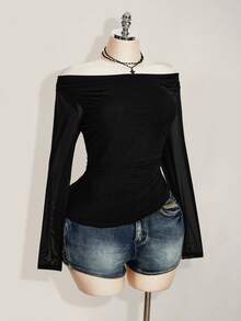 SHEIN ICON Áo lưới trễ vai màu đen dành cho nữ cỡ lớn - màu đen - Xem 4