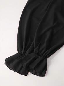 GlowEve 女士黑色长袖连衣裙，缎面亮面拼接雪纺面料，肩部饰以珍珠，时尚优雅高端，适合春夏晚宴、派对、约会、假日等场合。 - 黑色 - 查看 6