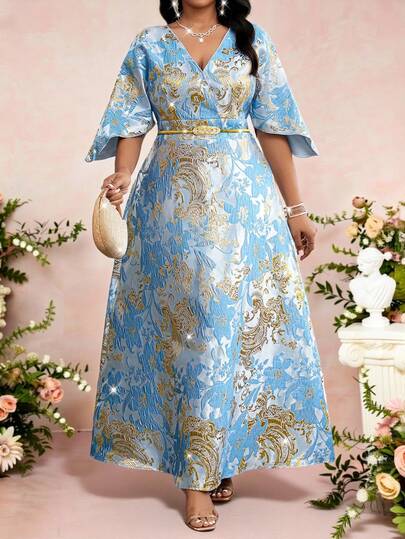 SHEIN Lady Spring And Summer Elegant Modest Party Wedding Cocktail Party Concert/Music Festival Colorful Blue Woven Jacquard Sweetheart Flared Leg-Of-Mutton Sleeve Midi Short Sleeve Plus Size Dresses Plus Size Elegant Pattern Round Neck Short Sleeve Dress Summer Dresses Spring Clothing Valentine's Day Valentines Day Outfit Carnival Costume Carnival Women Look 2026 Carnival Costume Women Party Dress Elegant Dresses For Party Elegant Party Dress Party Outfit Wedding Guest Dress For Women Weddings & Events Wedding Party Dress Birthday Dress Birthday Dress For Women Birthday Outfit For Women Elegant Dresses For Women Elegant Dresses Elegant Dresses For Party Elegant Dresses For Ladies Sparkly Dress Brocade Jacquard Dress Baby Blue Elegant Dress Luxury Dress For Women Church Dress For Women Nigerian Dresses For Women