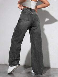 Washed Denim Blue High Waist Ripped Wide Leg Jeans - Dark Grey - View 2