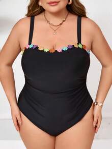 SHEIN CURVE+ 加大码女士黑色花卉饰边可拆卸肩带连体泳衣，适合海滩穿着 - 黑色 - 查看 5