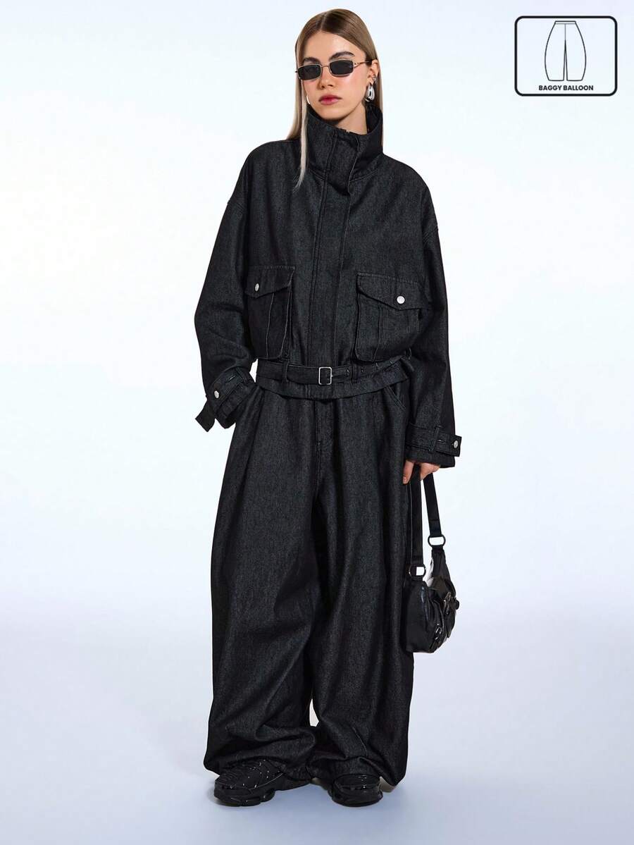 COUREZ 低腰宽松灯笼裤，原色黑色牛仔布/Y2K春季女装街头风两件套，黑色牛仔裤外出派对装扮，牛仔套装，夏季牛仔裤，夏季穿搭