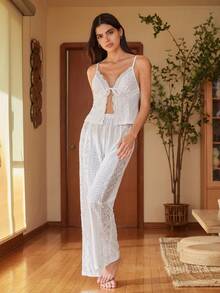 Lullawish Bộ đồ ngủ nữ phong cách Bohemian ngày Valentine với áo khoác cardigan ren phối nơ, chất liệu vải dệt rỗng. - trắng - Xem 3