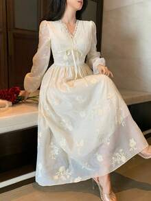 DAZY Vestido de encaje de manga larga con escote en V francés, vestido diseñado para mujer - Albaricoque - Ver 1