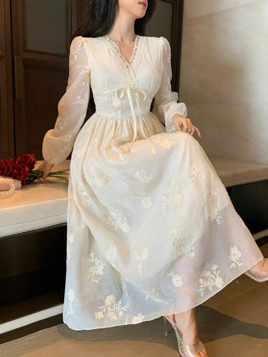 DAZY Vestido de encaje de manga larga con escote en V francés, vestido diseñado para mujer - Albaricoque - Ver 1