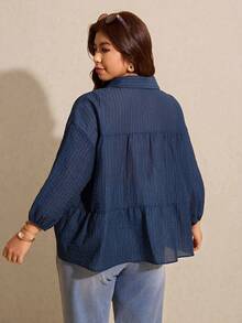Elaquor 大码春夏休闲简约百搭藏蓝色条纹荷叶边女式衬衫 - 藏蓝色 - 查看 2