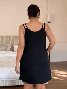 Dream Adore Plus Size Women V-Neck White Bow Tie Slit Design Soft & Comfortable Milk Silk Camisole Dress, Casual Loungewear Or Sleepwear - Black - View 2