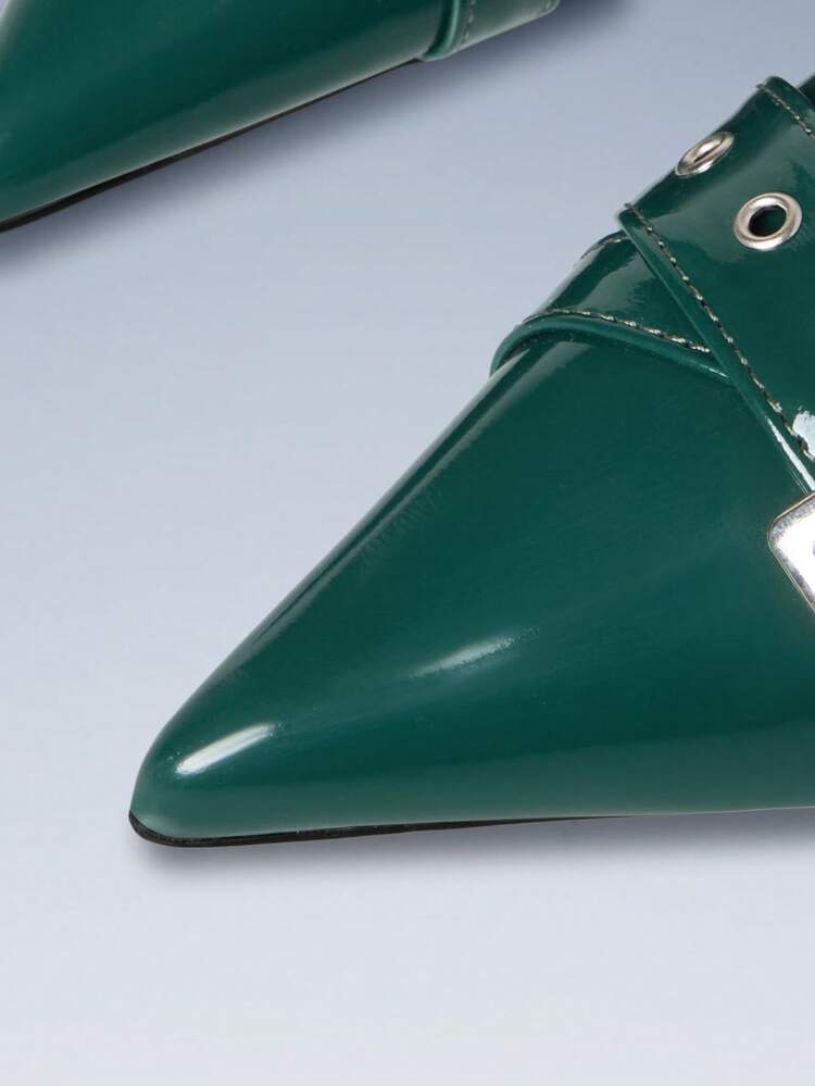 CUCCOO GRLICON 绿色尖头交叉绑带双扣小猫跟空心女鞋 - 綠色 - 查看 5