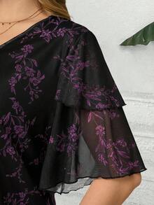 Áo kiểu dáng rộng rãi dành cho nữ, cổ chữ V, tay ngắn, in hoa, tay bồng, thích hợp cho mùa hè, kỳ nghỉ hè, du lịch, đơn giản và thời trang cho mặc hàng ngày. - Màu tím - Xem 4