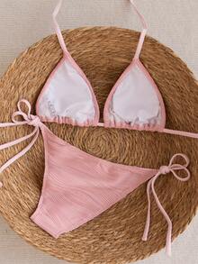 Swim Mod Bộ bikini 2 mảnh màu hồng, dây mảnh, kiểu cổ yếm, họa tiết gợn sóng hai bên, cạp cao, dành cho nữ, thích hợp cho mùa Xuân/Hè 2025. - Hồng - Xem 2