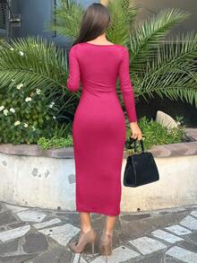 Ronhire Autumn Wear Solid Color Square Neck Tight Black Long-Sleeved Dress ,Petite Women - Hot Pink - View 2