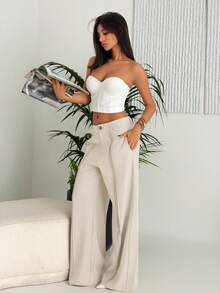 Ronhire 女士优雅知性职场通勤纯色褶裥装饰宽松阔腿西装裤（不含腰带） - 白色 - 查看 3