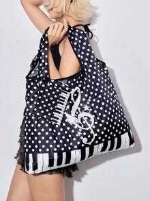 ROMWE Kawaii Bolso de tote plegable de gran capacidad con estampado de corazones y notas musicales de moda, bolso de compras portátil con monedero - Llaves lunares notas musicales alas - Ver 3