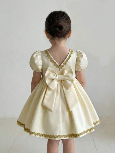 Vestido corto de manga corta con decoración de volantes florales de satén color albaricoque, elegante y lindo para bebé niña