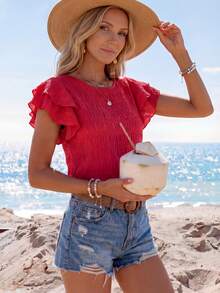 Sylviya Solid Butterfly Sleeve Blouse,Short Sleeve Tops,Casual - Red - View 6