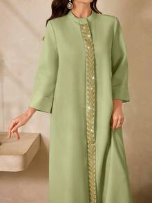 Al Najma Women's Stand Collar Leaf Embroidery Pattern Casual Party Travel Arabic Style Dress - Green - View 5