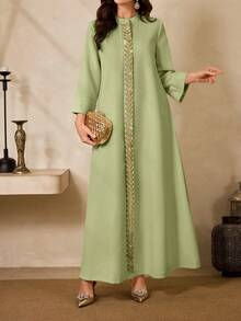 Al Najma Women's Stand Collar Leaf Embroidery Pattern Casual Party Travel Arabic Style Dress - Green - View 9