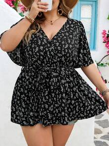 SHEIN CURVE+ Curve Size US22 Music Festival Seaside Vacation Bohemia Elegant Business Casual Women Ditsy Floral Butterfly Sleeve Ruffle Hem Blouse Black Summer - Black - View 4
