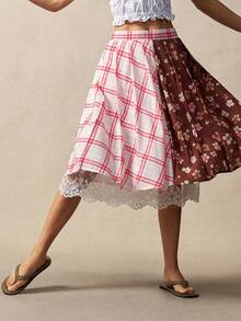 Bohemela 女士夏季休闲度假浪漫优雅法式海滩波西米亚乡村音乐节图案拼接蕾丝细节褶裥A字不规则下摆中长裙，适合海滩、夏季度假 - 彩色 - 查看 4