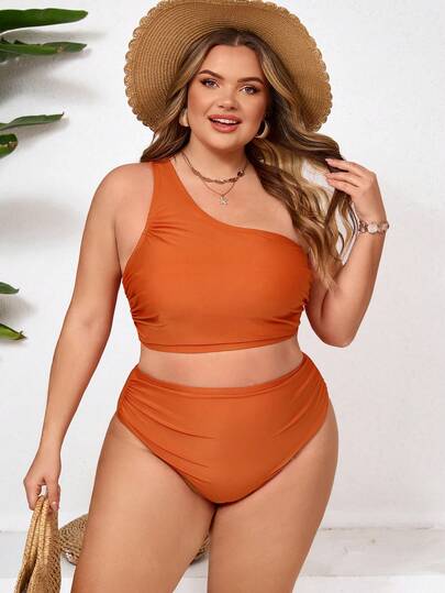SHEIN CURVE+ Plus Size Women Asymmetrical Shoulder Beach Vacation Bikini Two-Piece Swimsuit