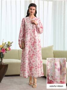 Al Najma Vestido holgado con estampado floral elegante, cuello calado y encaje degradado, estilo vacacional - Multicolor - Ver 6