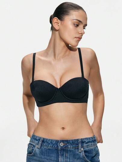 SHAPORA 1pc Luxury Black Removable Strap Underwire Padded Push-Up Bra With Side Support For Women