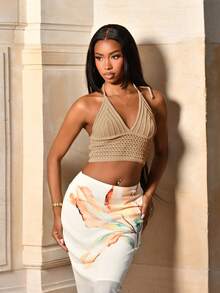 Mima John 领口收腰柔软针织上衣，适合海滩音乐节 - 杏色 - 查看 4