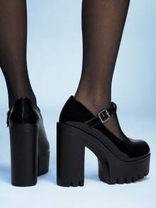 Sugerpunk Giày cao gót đế dày màu đỏ tía quyến rũ dành cho nữ, kiểu dáng thời trang xuân/thu, mũi tròn, quai chữ T khoét rỗng, khóa cài trang trí, thích hợp cho tiệc tùng, hẹn hò, đi chơi. - màu đen - Xem 4