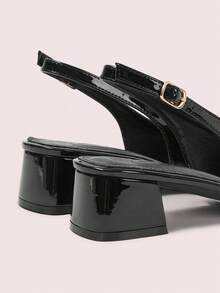 CUCCOO DOLLMOD Women's New Bowknot Open Heel Black Patent Leather Square Toe Elegant Chunky High Heel Pumps - Black - View 4