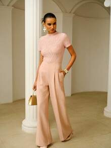 ZEYLAH Minimalist Asymmetrical Waistband Straight Leg Wide Leg Pants, Spring/Summer - Pink - View 7