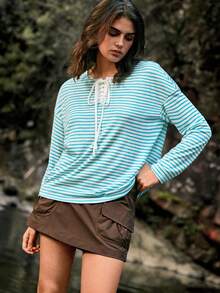 Medorelle Women's Striped Long Tie-Front Casual Crew Neck Top - Blue - View 1